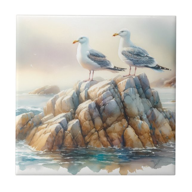 Küstenseemöwen Aquarell-Seelandschaft Fliese (Vorderseite)