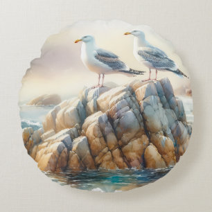 Küstenseemöwen Aquarell-Seelandschaft Rundes Kissen