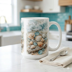 Küstenseemuscheln Aquarell Treibholz Szene Kaffeetasse