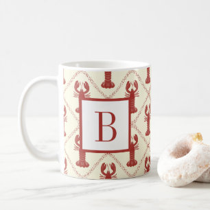 Küstensommer-Hummer-Rot-Creme-Diamant-Monogramm Kaffeetasse