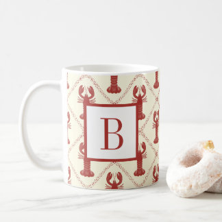 Küstensommer-Hummer-Rot-Creme-Diamant-Monogramm Kaffeetasse