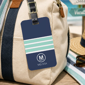 Küstensommer Navy Minze Streifen Monogramm Name  Gepäckanhänger