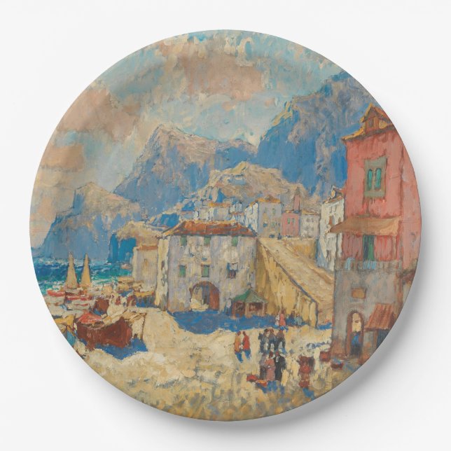 Küstenstadt in Spanien (Vintage spanische Landscha Pappteller (Vorderseite)