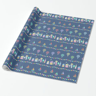 Küstenstadt-Segelboote und Girlanden-Muster Blau Geschenkpapier