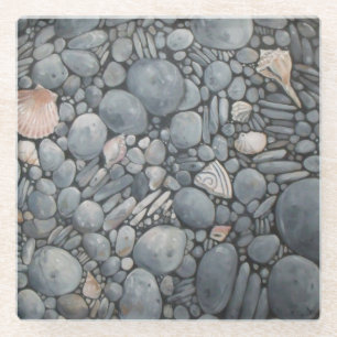 Küstenstrand Kiesel und Muscheln Malerei Druck Glasuntersetzer