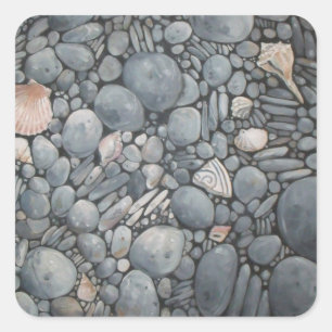 Küstenstrand Kiesel und Muscheln Malerei Druck Quadratischer Aufkleber