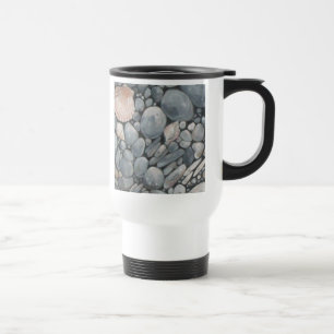 Küstenstrand Kiesel und Muscheln Malerei Druck Reisebecher