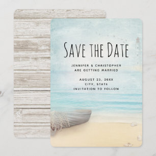 Küstenstrand mit Hochzeit des Bootes retten das Da Save The Date
