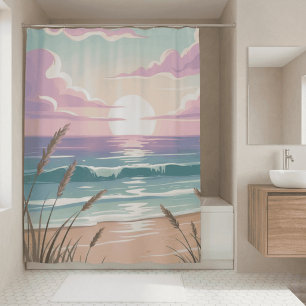 Küstenstrand Sonnenuntergang Wasserfarbe Pastell M Duschvorhang