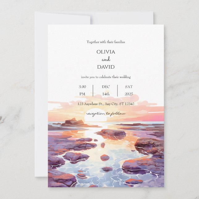 Küstenstrand Sunset Tide Pools Hochzeit Einladung (Vorderseite)