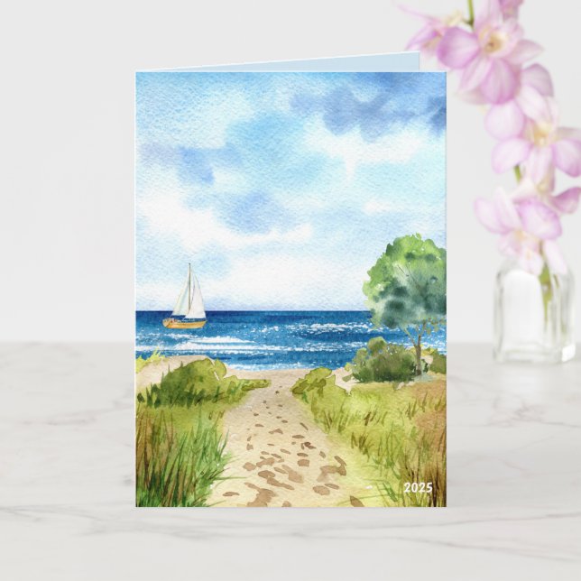 Küstenstrandszene mit Sailboat Shoreline Karte (Orchidee)