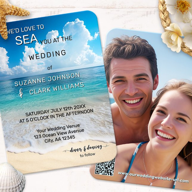 Küstenstraße mit feinem türkisfarbenem Wasser Einladung (A whimsical funny coastal wedding invitation featuring a beach in bold blue and turquoise colors)