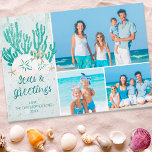 Küstenstrasse SEAS & GREETINGS Türkisfarbener Glit Feiertagskarte<br><div class="desc">Küsten-, Strand- oder tropische Weihnachtsfeiertag Foto Collage Karte mit 3 Bildern mit dem Gruß SEAS UND GREETINGS in modernen Kalligraphie Schrift Typografie in Türkis, Aqua und aquamarine Aquarell mit Korallen, Seestern und Sand Dollar mit Imitat Glitzer betont. HILFE: Für Hilfe bei der Modifizierung oder Personalisierung des Designs, bei Farbänderungen, bei...</div>