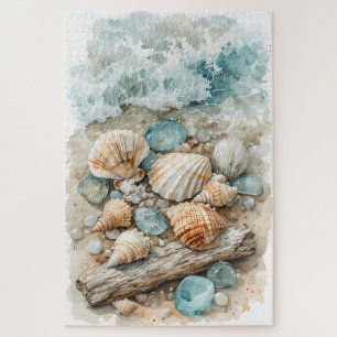 Küstenszenen-Aquarell mit Muscheln und Treibholz
