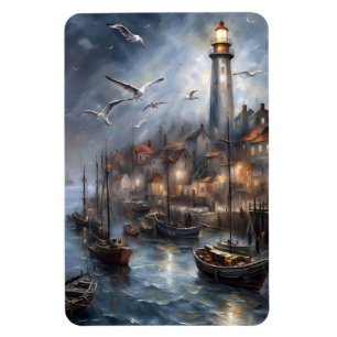 Küstenteleuchtturm in der Dämmerung, nautische Kun Magnet