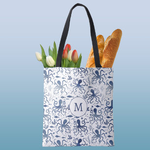 Küstentiefblau-Aquarell-Unterwasser-Oktopus-Monogr Tasche