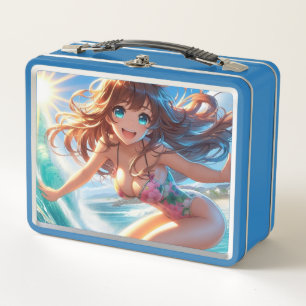 Küstentyp/nautischer/tropischer Anime-Surfergirl Metall Brotdose