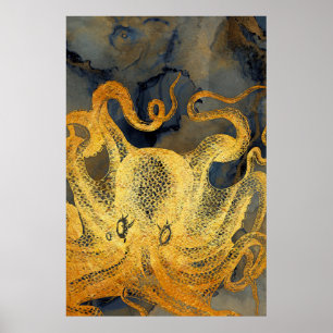 Küstenvintage Gold Blau Schwarzer Oktopus Aquarell Poster