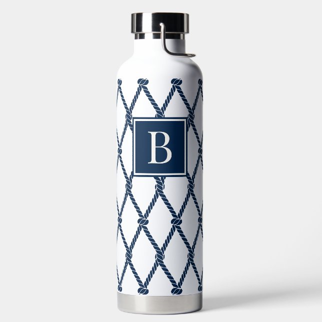 Küstenvornehm-nautisches Monogramm - Weiß & Navy Trinkflasche (links)