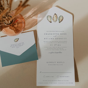 Küstenwasserfarbe-Auster-Hochzeit All In One Einladung