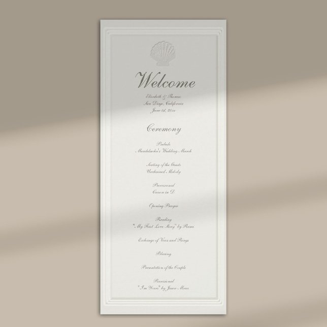 Küstermuschelnautisches formelles Hochzeitsprogram (modern classic wedding program coastal nautical shell ecru script formal traditional elegant)