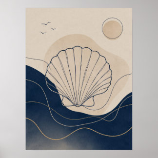 Küstliche Boho-Meeresschalen und tiefe blaue Ozean Poster
