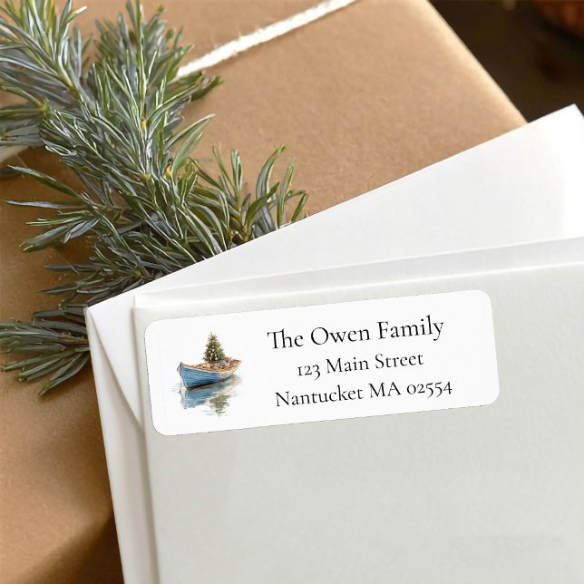 Küstliches Weihnachtsreihenboot Rücksendeadresse  (Row Boat Christmas return address label)