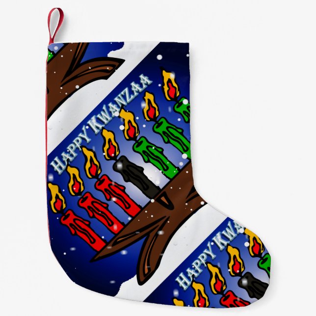 Kwanzaa Candle Kinara mit Schnee und Gruß Kleiner Weihnachtsstrumpf (Vorderseite)
