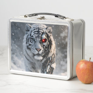 Kybernetischer weißer Tiger futuristisches Science Metall Brotdose