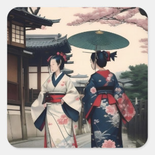 Kyoto-Frühlings-Spaziergang Kimono-Aufkleber Quadratischer Aufkleber