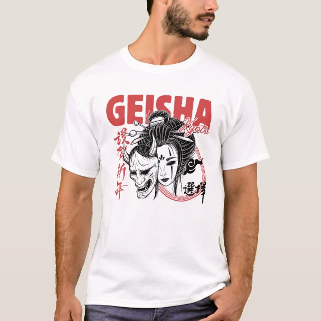 Kyoto Geisha x Oni Mask - Japanischer Fusion Stree T-Shirt (Vorderseite)