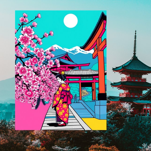 Kyōto, Japan Cherry Blossom Tempel Art Travel Postkarte (Kyoto, Japan Cherry Blossom Temple Art Travel Postcard)