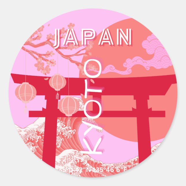 Kyōto Japan Reisekunst, rosa Retro Art Runder Aufkleber (Vorderseite)