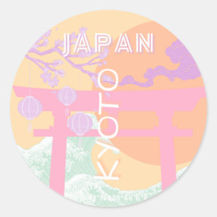 Kyoto Japan Reisen Kunst, Orange Pastel Art Runder Aufkleber