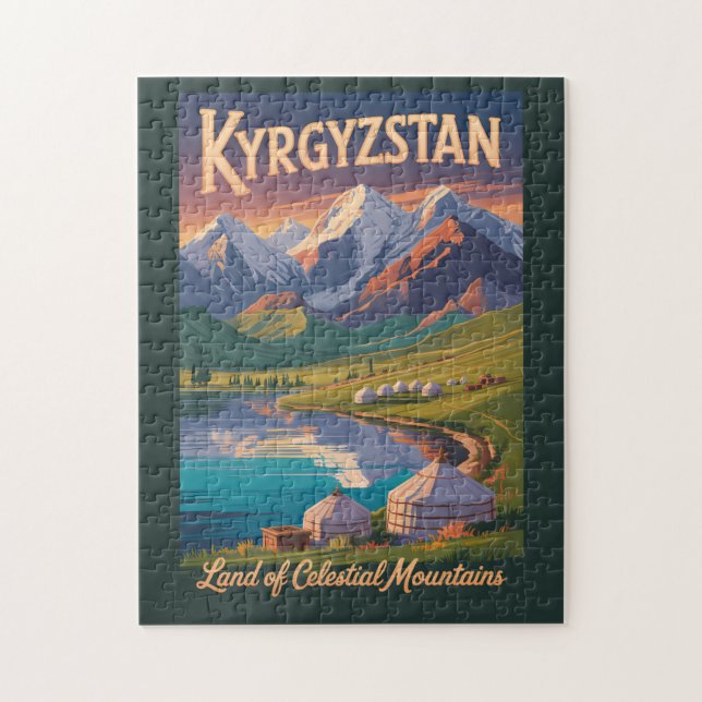 Kyrgyzstan Mountains Illustration Travel Art Vinta (Vertikal)