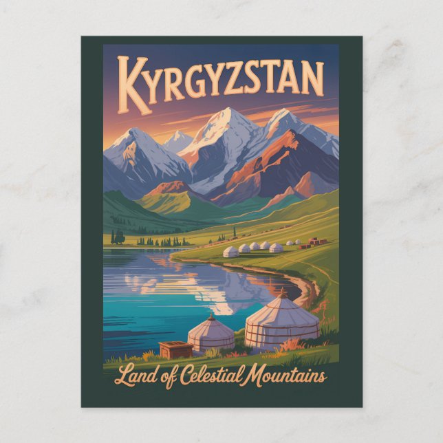 Kyrgyzstan Mountains Illustration Travel Art Vinta Postkarte (Vorderseite)