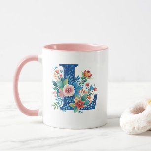 L Blaumonogramm mit Blumen Tasse