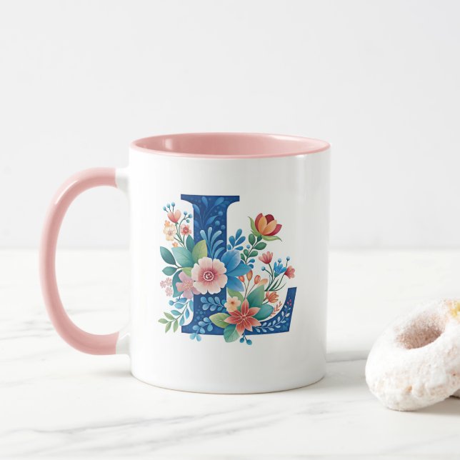 L Blaumonogramm mit Blumen Tasse (Mit Donut)