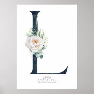 L Buchstabe Monogramm Weiße Blumen und Grün Poster