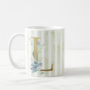 L Golden Initial auf blau-weiß Streifen Kaffeetasse