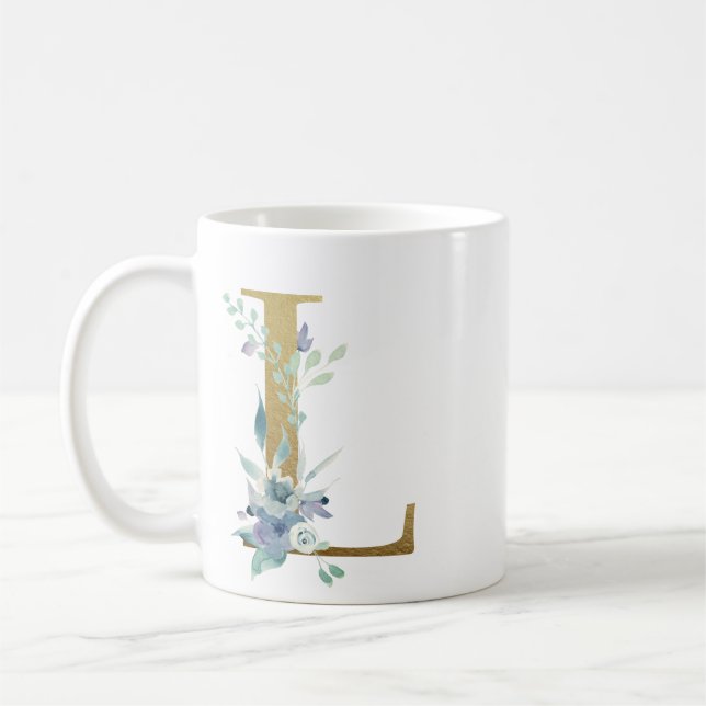 L Golden Initial mit blauen Blumenblättern Kaffeetasse (Links)