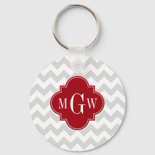 L Gray Wht Chevron Cranberry Quatrefoil 3 Monogram Schlüsselanhänger