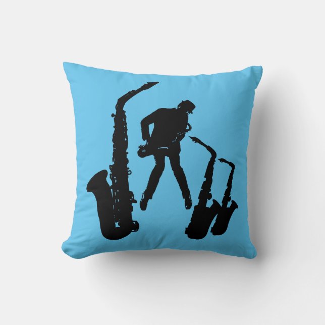 L Jazzman Black Saxophonist 2 Sax Jazz Blue Pillow Kissen (Vorderseite)