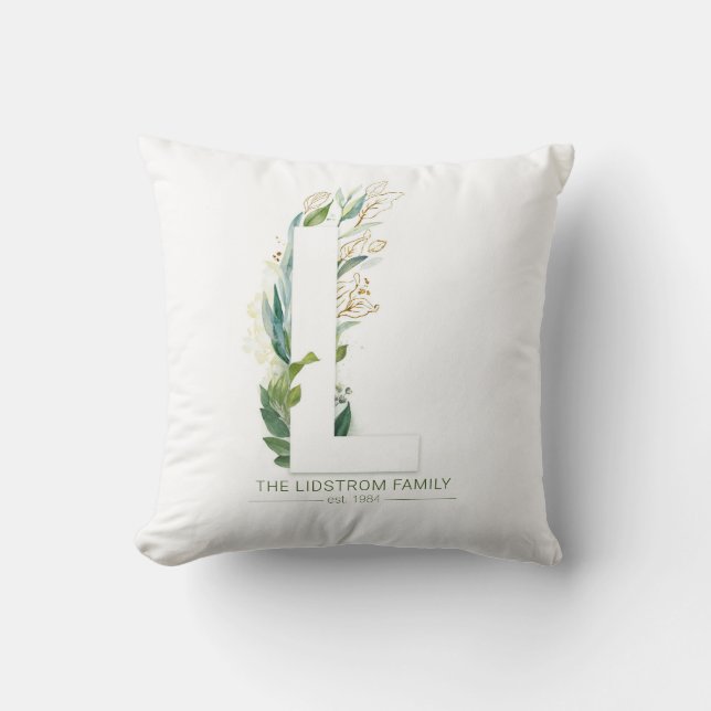L Monogram Elegant Gold Greenery Familienname Kissen (Vorderseite)