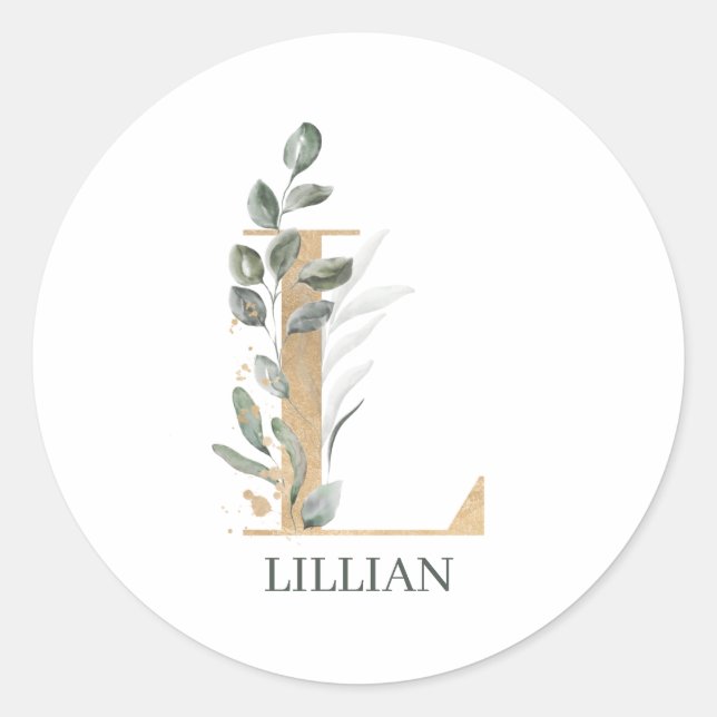 L Monogramm Floral Personalisiert Runder Aufkleber (Vorderseite)