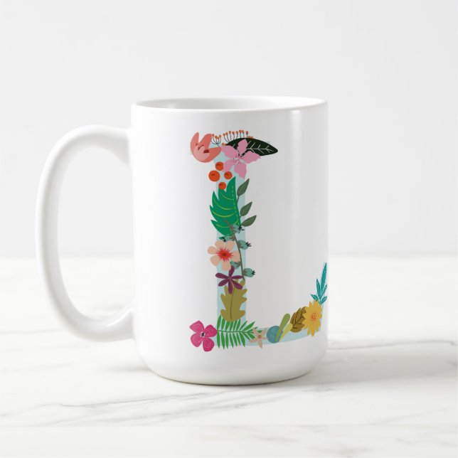 L Monogramm-Tasse, Blumenl Initiale, botanisch Kaffeetasse (Links)
