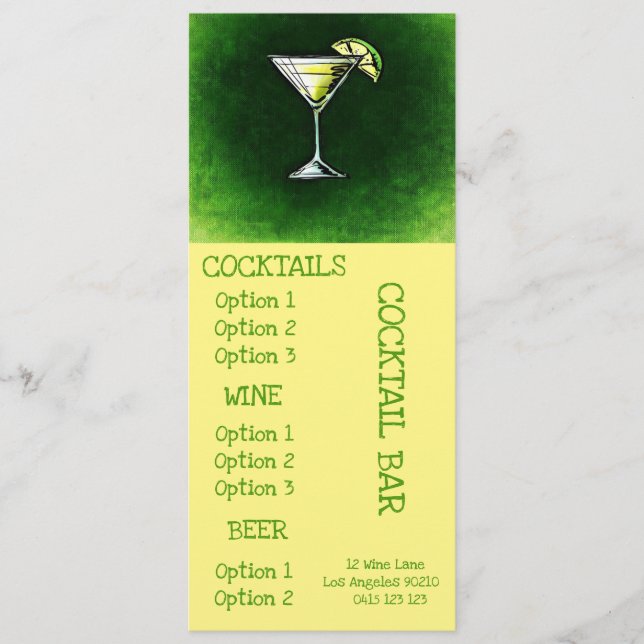 La barre de cocktail boit le menu (Devant)