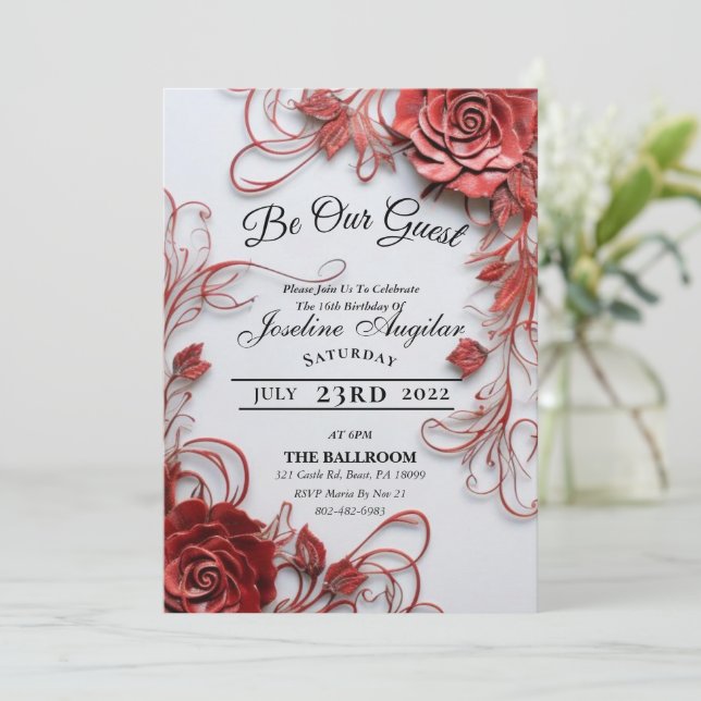 La beauté et la bête douce 16 Invitations Roses (Debout devant)