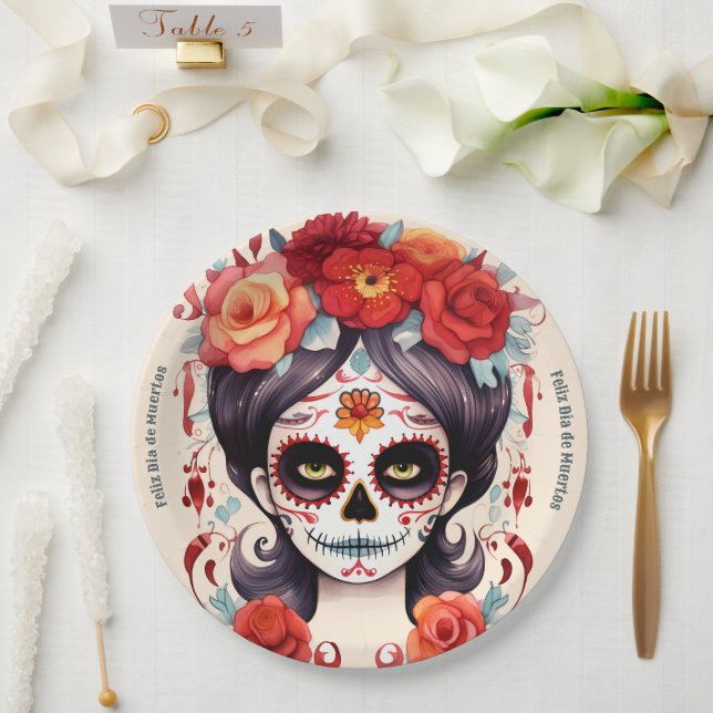 La Calavera Catarina en Flores Rojas 🌹 Pappteller (Hochzeit)