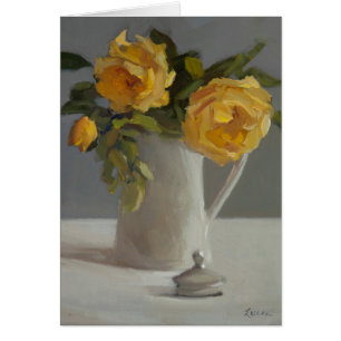 La carte avec le rose jaune fleurit dans le vase
